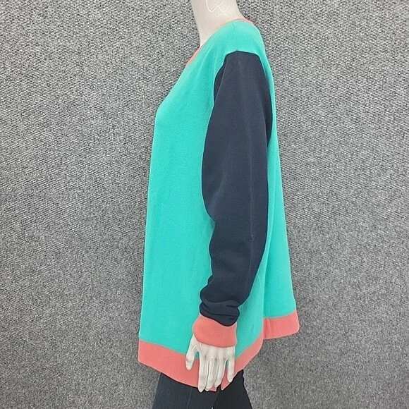 Lands End Womens Sweatshirt 1X Plus Sz Teal Colorblock Serious Sweats Pullover - Picture 7 of 10